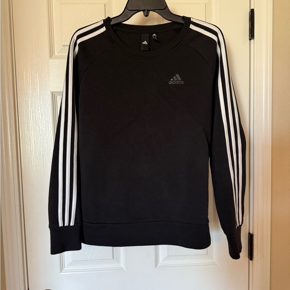 Adidas Women's Black Crewneck Sweater with White Stripes